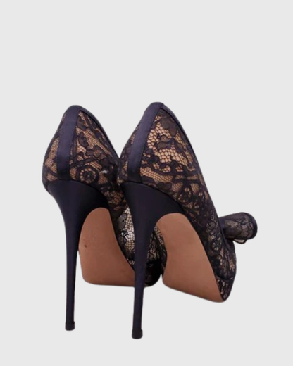 Sabri Lace Bow Peep Toe Platform Pumps