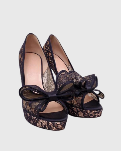Sabri Lace Bow Peep Toe Platform Pumps