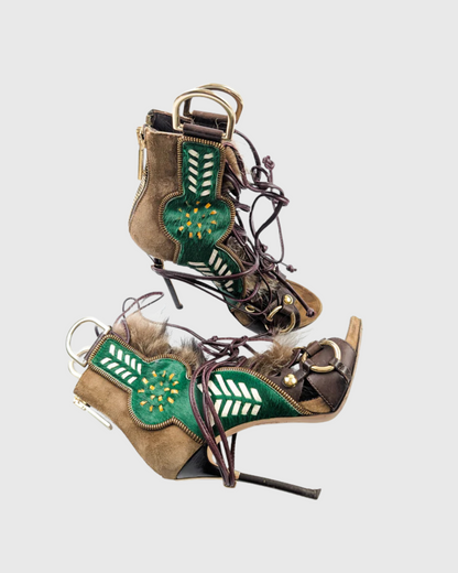 Sadiya Faux Fur Lace Up Suede Sandals In Green