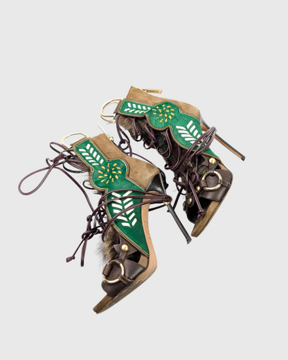 Sadiya Faux Fur Lace Up Suede Sandals In Green