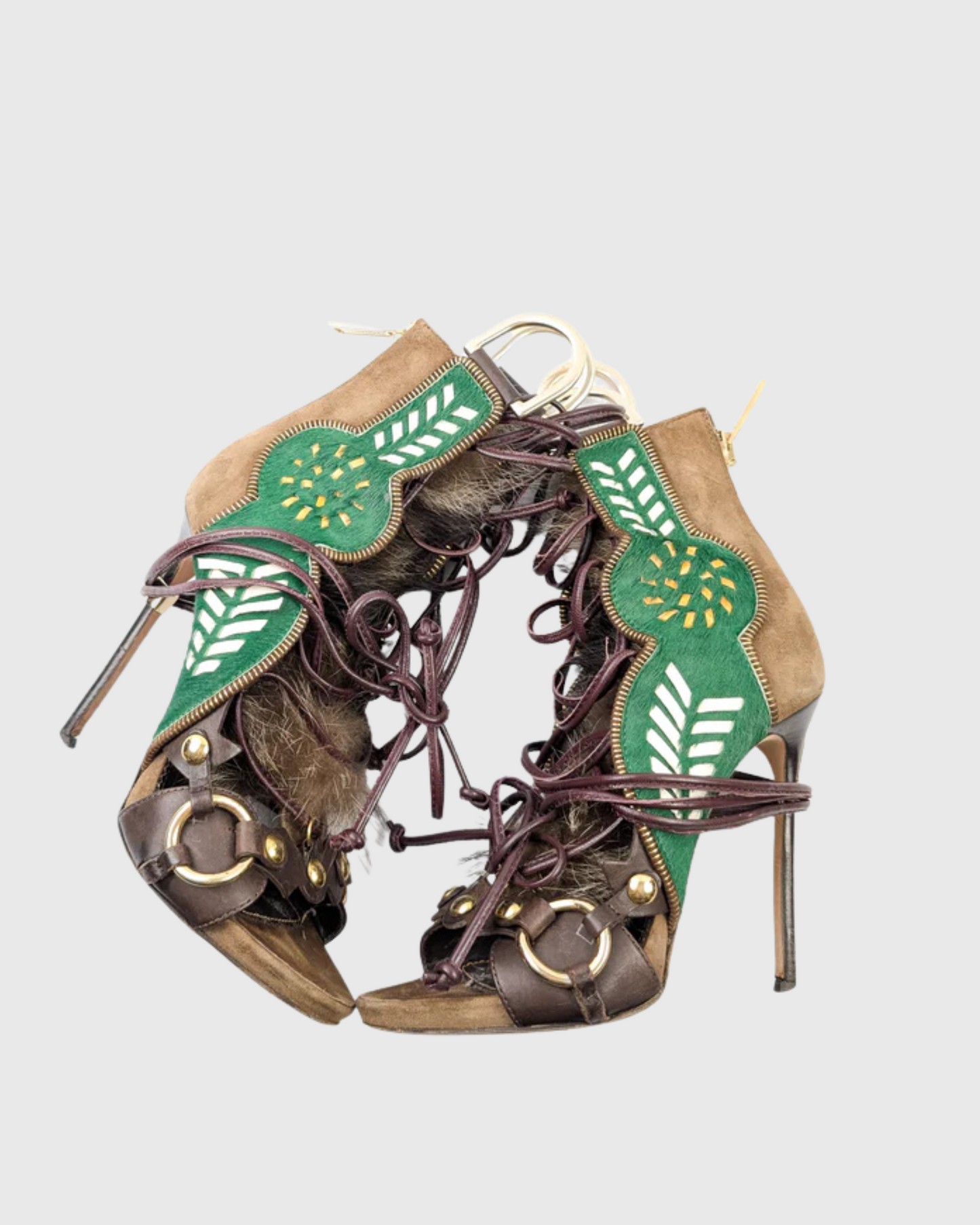 Sadiya Faux Fur Lace Up Suede Sandals In Green