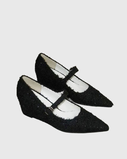 Safari Tweed Chic Wedge Pumps In Black