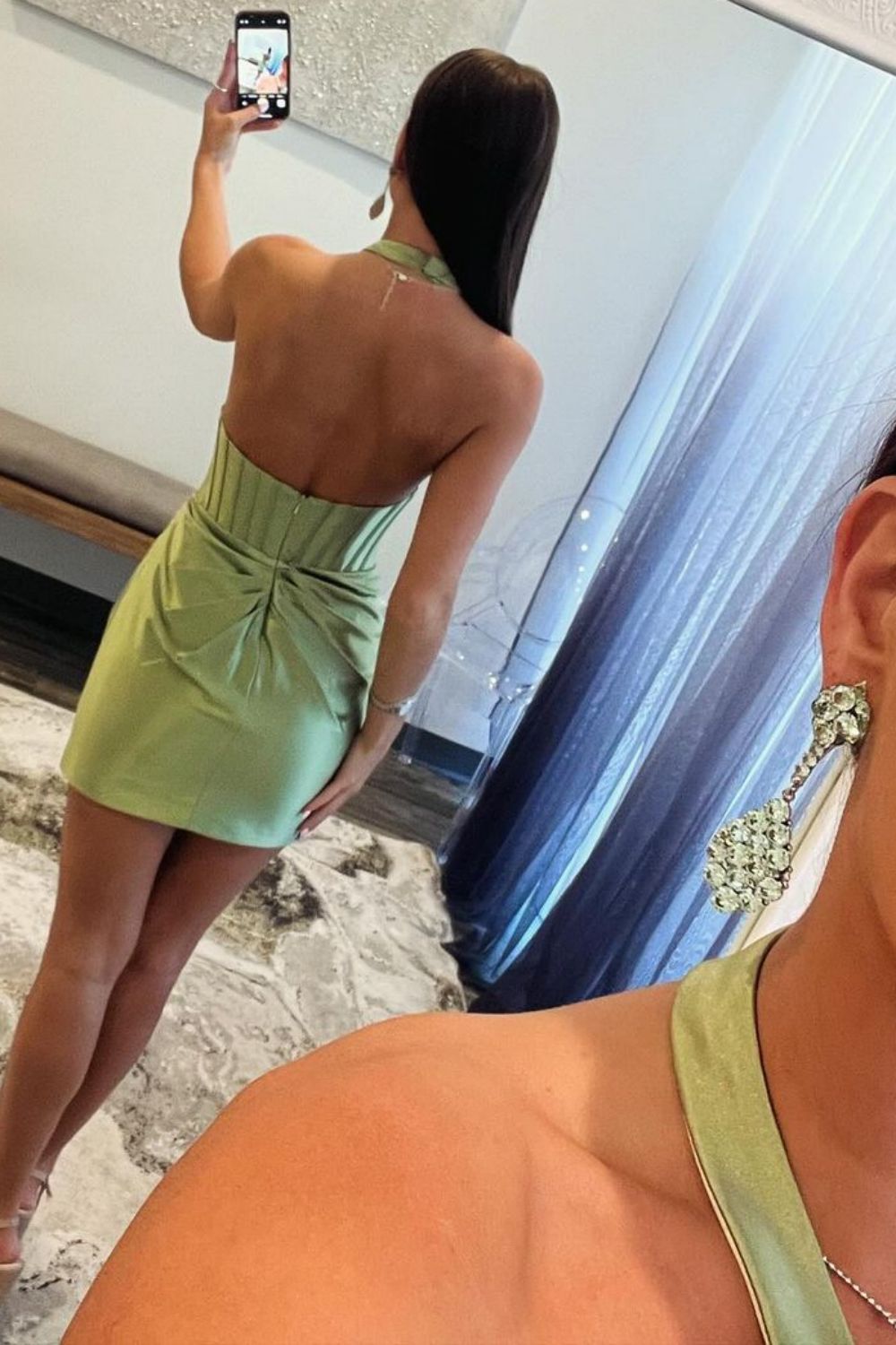 Short Sage Green Homecoming Dress in Mermaid Silhouette with Halter Neckline