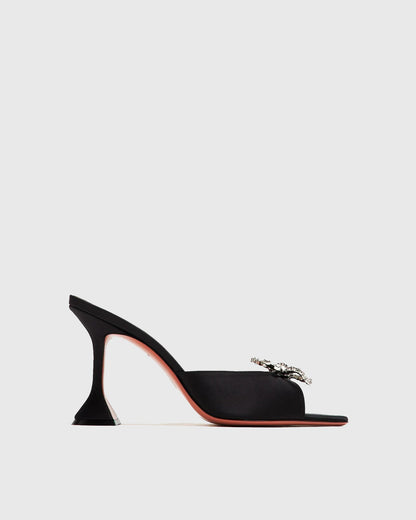 Fedora Crystal Bow Satin Flared Slippers In Black