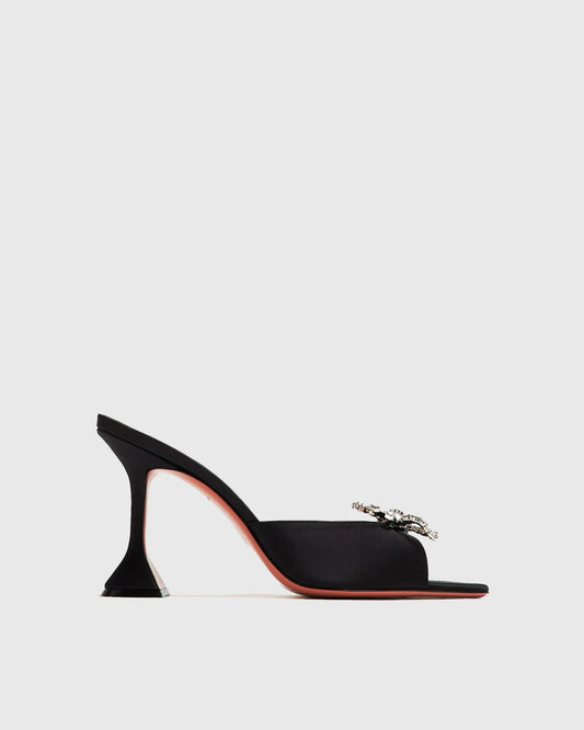 Fedora Crystal Bow Satin Flared Slippers In Black