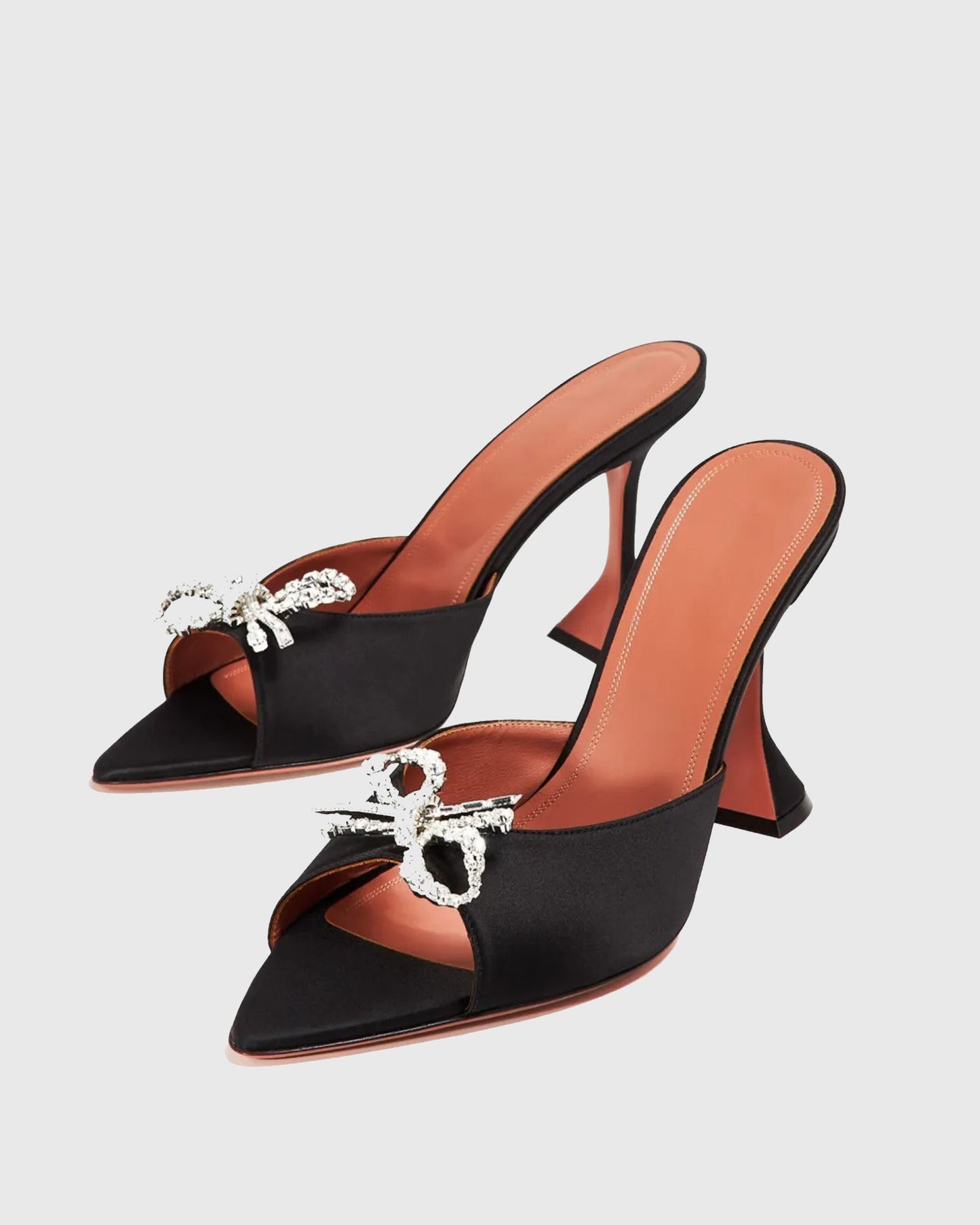 Fedora Crystal Bow Satin Flared Slippers In Black