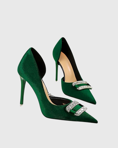 Saige Buckle Irregular Velvet Pumps In Green