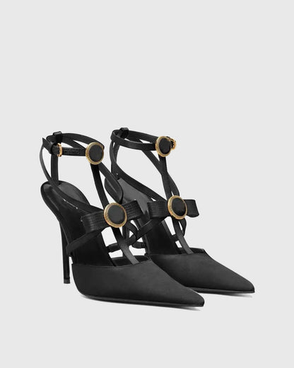 Sailor Buckle Gladiator Satin Pumps In Black