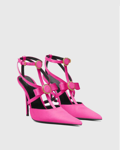 Sailor Buckle Gladiator Satin Pumps In Hot Pink