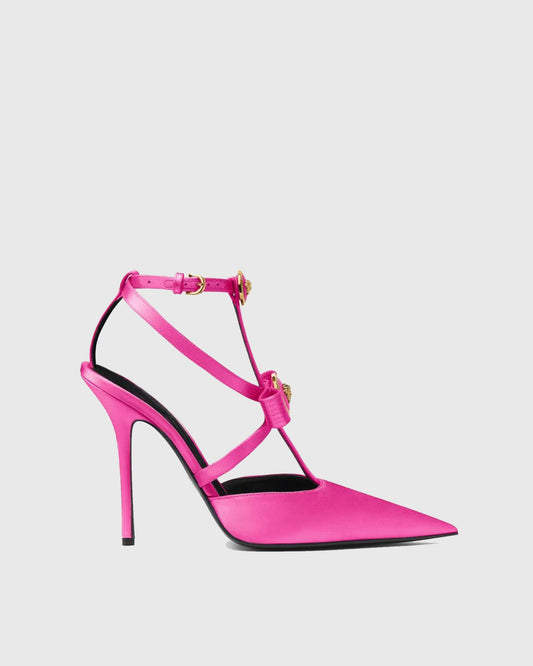 Sailor Buckle Gladiator Satin Pumps In Hot Pink