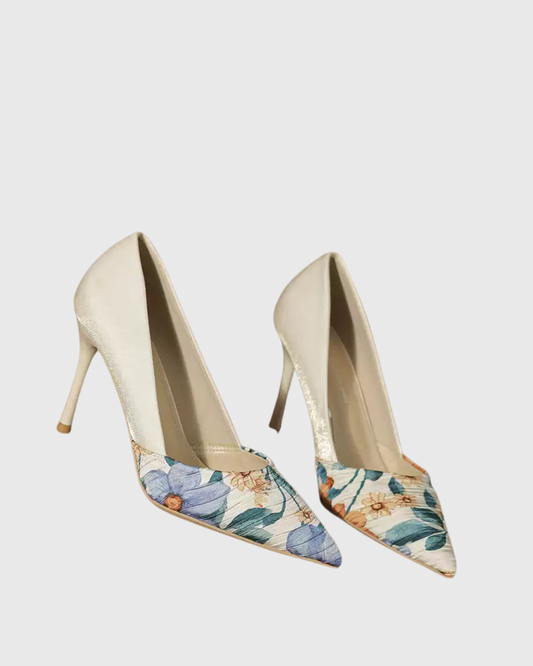 Saima Floral Print Splicing Pumps In White