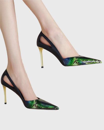 Saima Snake Print Cutout Pumps In Green
