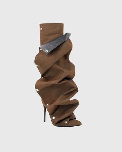 Santa Rivet Removable Denim Knee High Boots In Brown