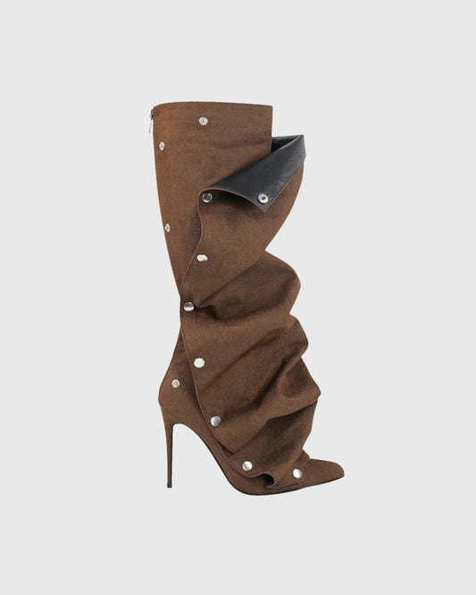 Santa Rivet Removable Denim Knee High Boots In Brown