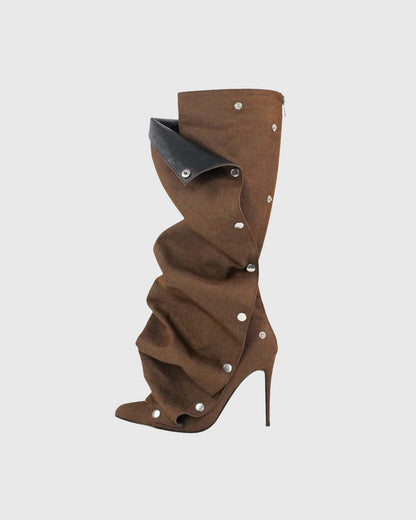 Santa Rivet Removable Denim Knee High Boots In Brown
