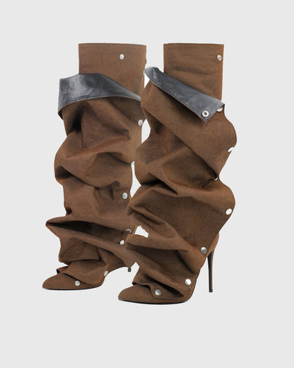 Santa Rivet Removable Denim Knee High Boots In Brown