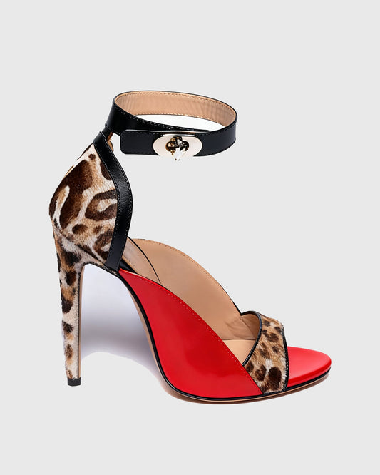 Sara Leopard Print Splicing Strap Sandals In Red