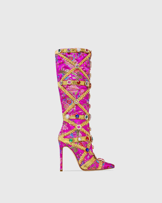 Sardinia Rhinestone Embroidery Knee High Boots In Hot Pink