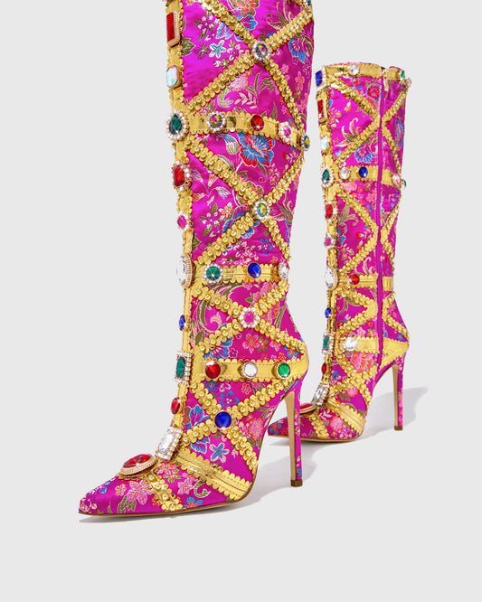 Sardinia Rhinestone Embroidery Knee High Boots In Hot Pink