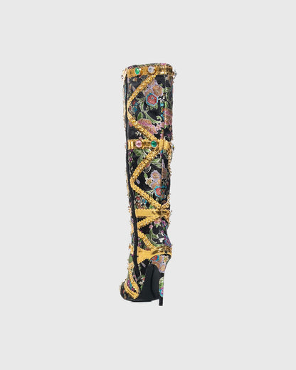 Sardinia Rhinestone Embroidery Knee High Boots In Black