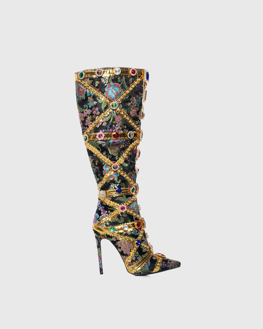 Sardinia Rhinestone Embroidery Knee High Boots In Black