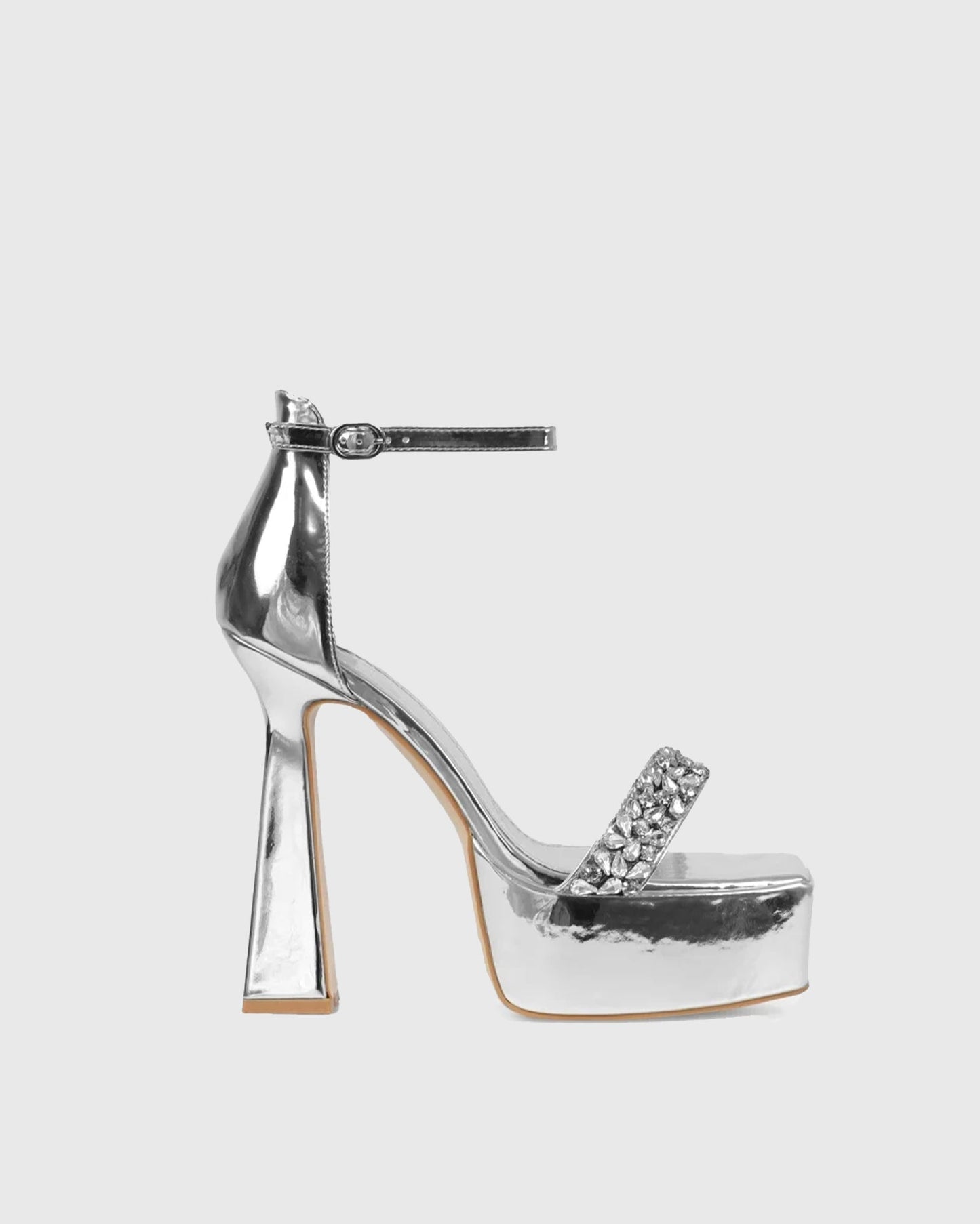 Sassy Diamond Metallic Platform Flared Heels In Silver
