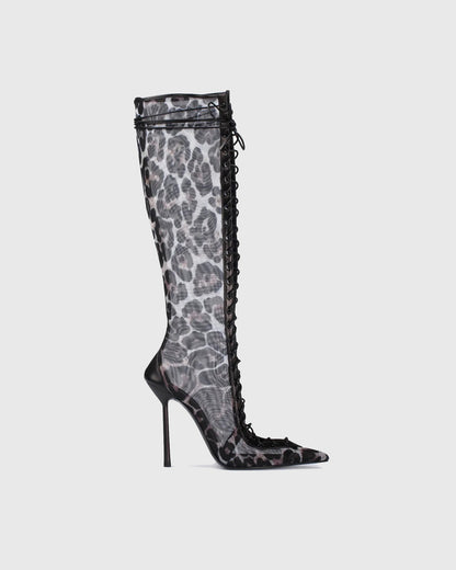 Agnola Leopard Print Mesh Lace Up Knee High Boots