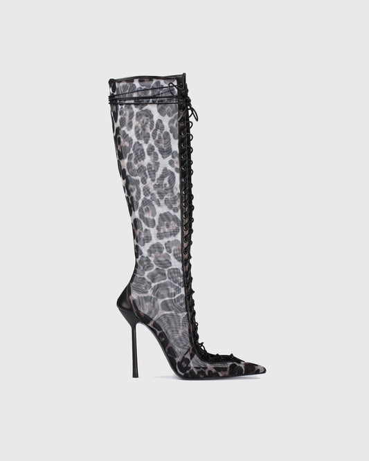 Agnola Leopard Print Mesh Lace Up Knee High Boots