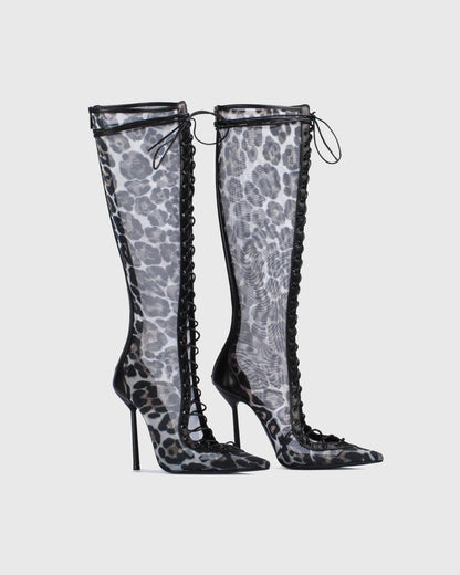 Agnola Leopard Print Mesh Lace Up Knee High Boots
