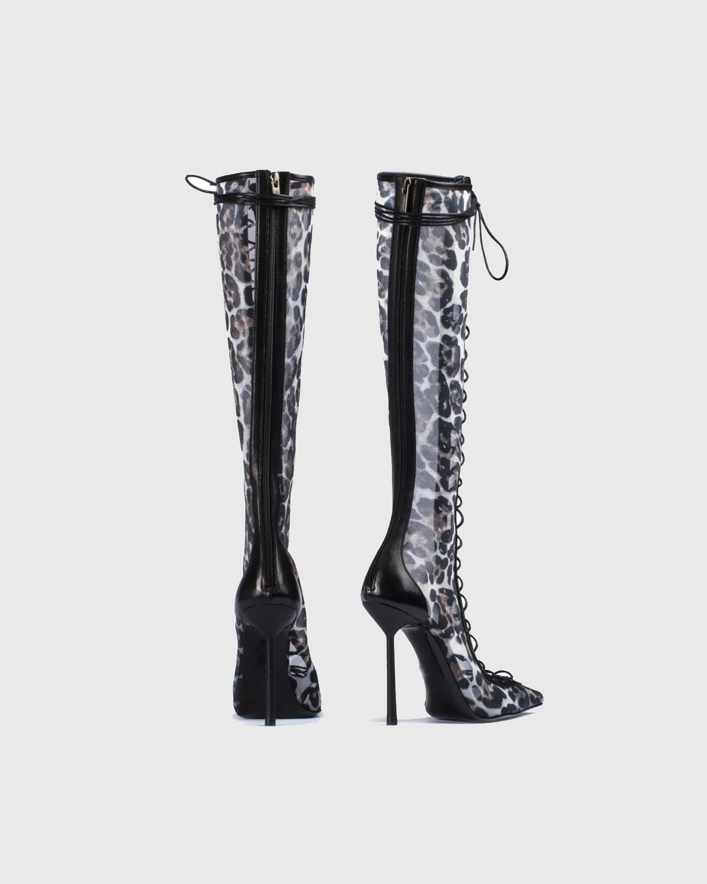 Agnola Leopard Print Mesh Lace Up Knee High Boots