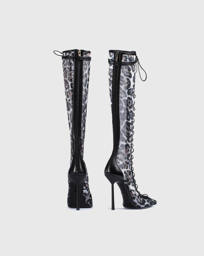 Agnola Leopard Print Mesh Lace Up Knee High Boots