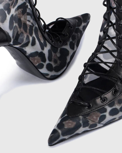 Agnola Leopard Print Mesh Lace Up Knee High Boots