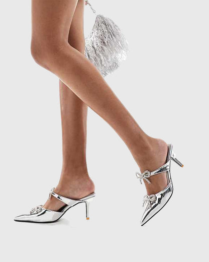 Selvaggia Crystal Bow Metallic Mules
