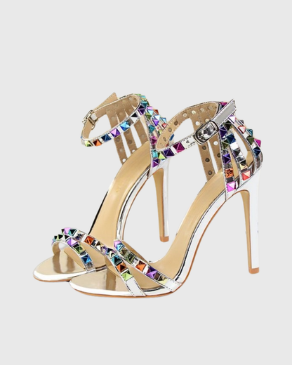 Senta Rivet Metallic Strap Sandals In Silver