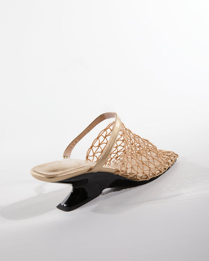 Serah Woven Fishnet Alien Heels In Gold