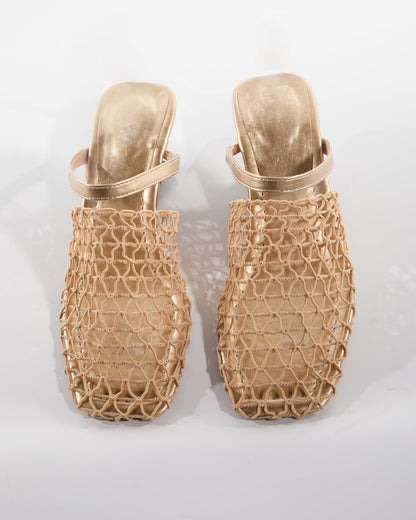 Serah Woven Fishnet Alien Heels In Gold