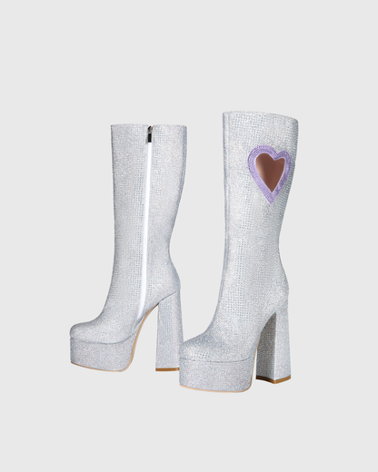 Sevyn Rhinestone Purple Heart Platform Knee High Boots
