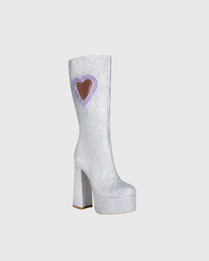 Sevyn Rhinestone Purple Heart Platform Knee High Boots