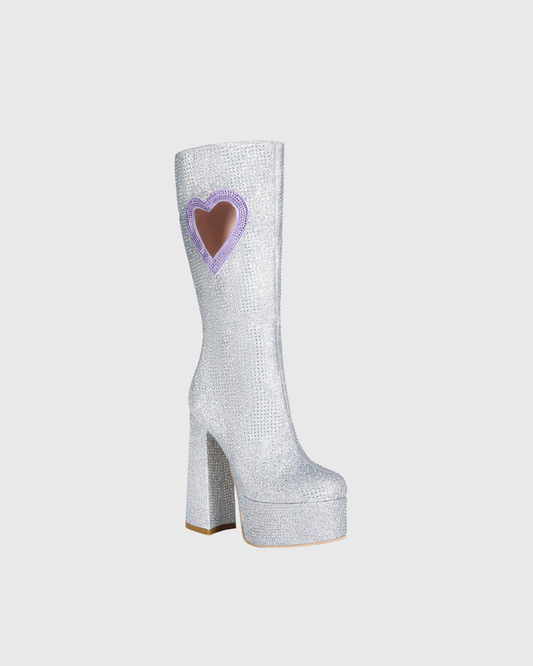 Sevyn Rhinestone Purple Heart Platform Knee High Boots