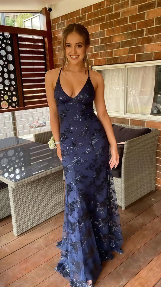 Sexy Navy Blue Sequin Mermaid Long Prom Dresses