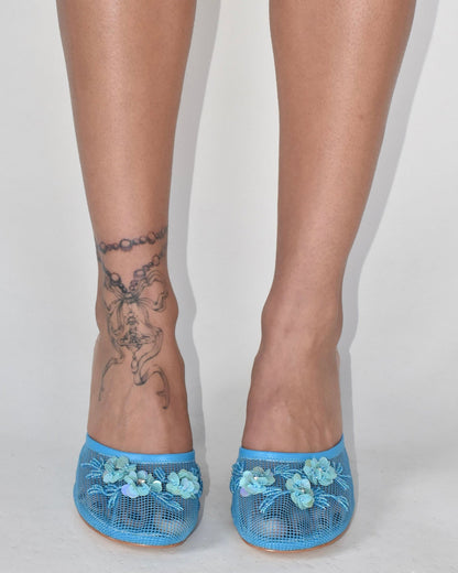 Shine Pearl Flower Mesh Wedge Mules In Blue