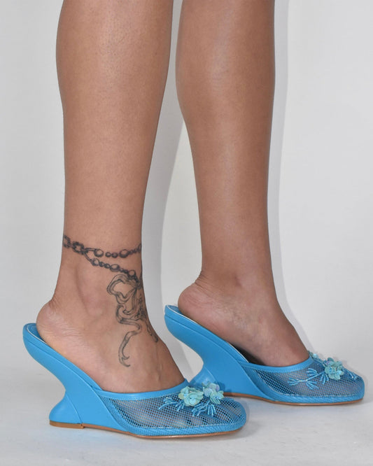 Shine Pearl Flower Mesh Wedge Mules In Blue