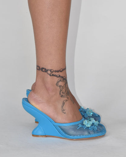 Shine Pearl Flower Mesh Wedge Mules In Blue