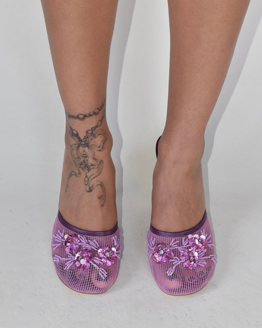 Shine Pearl Flower Mesh Wedge Mules In Purple