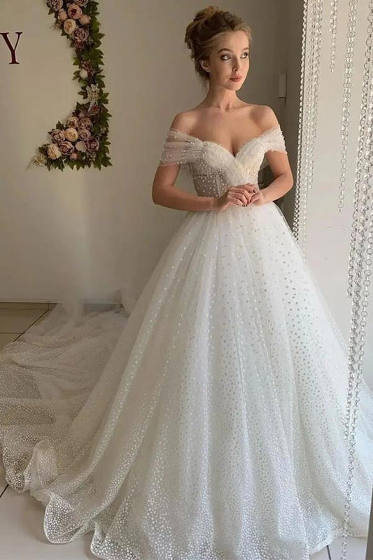 Shiny Off The Shoulder Ivory Wedding Dresses Long Prom Dress,WW230
