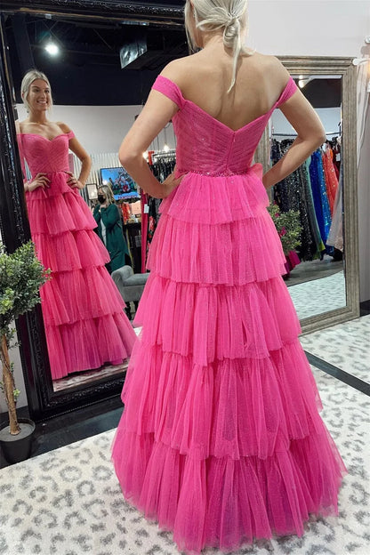 PM387,Shiny Tulle Off Shoulder Hot Pink Prom Dresses,Layers Tulle Formal Evening Dresses