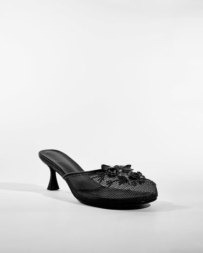 Shine Flower Mesh Slippers In Black