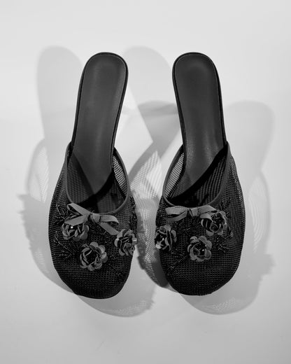 Shine Flower Mesh Slippers In Black