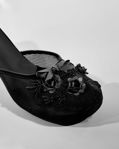 Shine Flower Mesh Slippers In Black