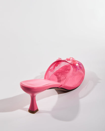 Shine Flower Mesh Slippers In Pink